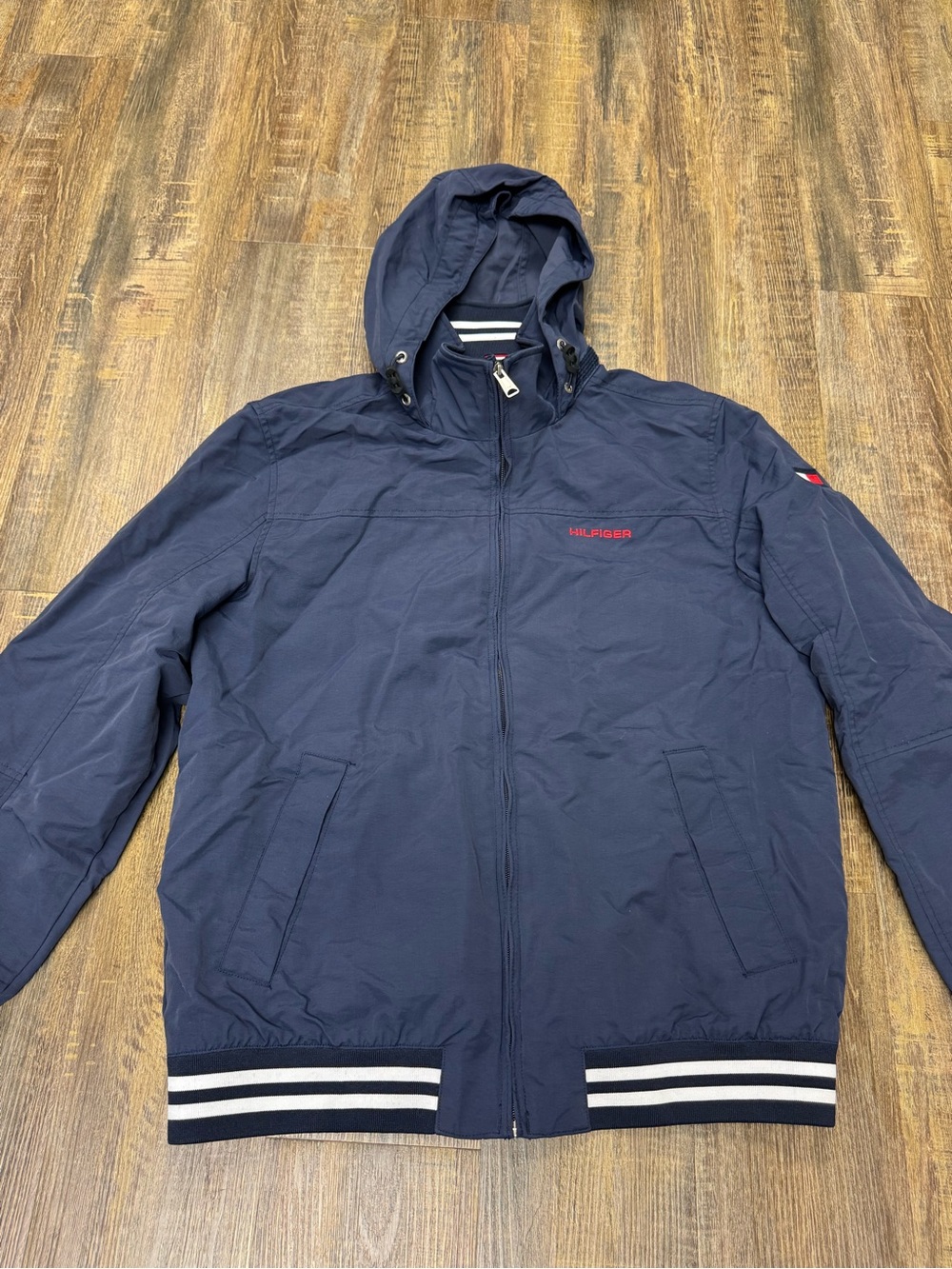 Tommy Hilfiger Men’s Vtg Navy Hooded Regatta Yacht Jacket with Stripe Trim M - Picture 6 of 16